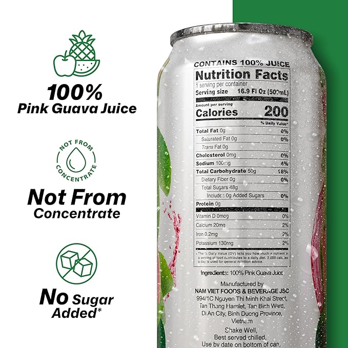 VINUT 100% Pink Guava Juice No Added Sugar Not From Concentrate 16.9 fl oz (500 mL) Can Pack of 12