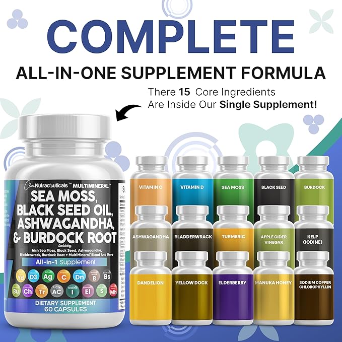 Clean Nutraceuticals Sea Moss Black Seed Oil Ashwagandha Turmeric Bladderwrack Burdock &amp Vitamin C Vitamin D3 with Elderberry Manuka Dandelion Yellow Dock Iodine Chlorophyll ACV - 2Pack (Pack of 2