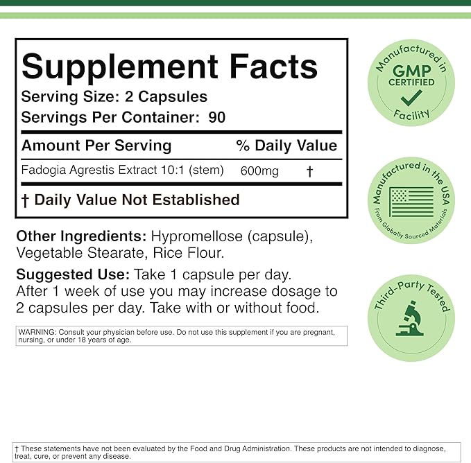 Fadogia Agrestis 600mg Per Serving (180 Capsules) Powerful Extract to Support Athletic Performance (Third Party Tested Non-GMO Vegan Gluten Free) by Double Wood