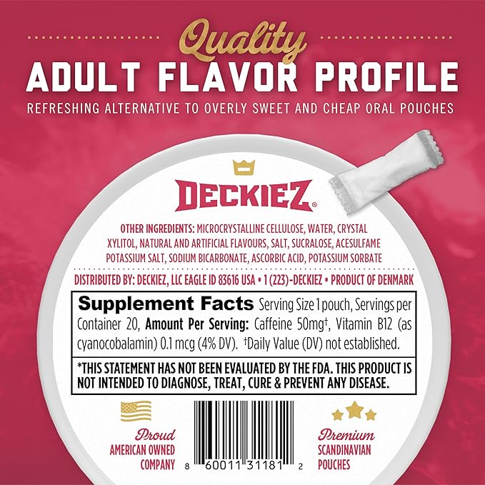 Deckiez Energy Pouches 5 Cans (100 Pouches) Sugar Free Caffeine Supplement Coffee Pouches &amp Energy Drink Alternative 50mg Caffeine Pouches Raspberry Flavor