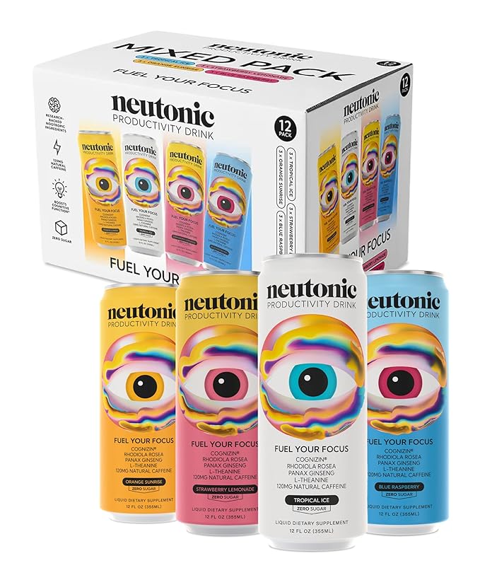 Neutonic Nootropic Productivity Energy Drink | Variety Pack 12 Cans | 120mg Natural Caffeine Zero Sugar | Support Memory Mental Clarity Cognitive Function | Boost Focus Energy Brain Health