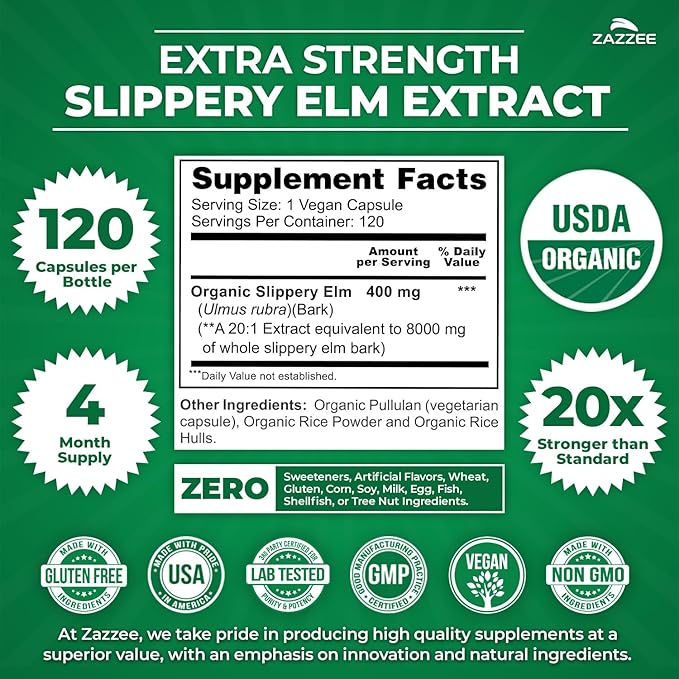 Zazzee USDA Organic Slippery Elm Bark 20:1 Extract 120 Vegan Capsules 4 Month Supply Ulmus Rubra Digestive Throat &amp Mucosal Support Herbal Supplement All-Natural Non-GMO Made in the USA