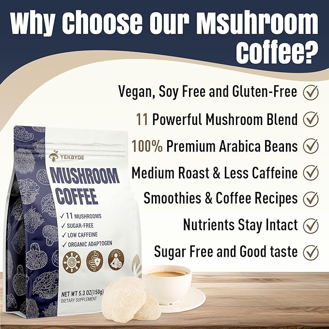 Mushroom Coffee 11 Superfood Mushrooms includes Lion's Mane Reishi Chaga &amp Ashwagandha Instant Mushroom Coffee Organic for Energy Memory Digestion &amp Detox Low Caffeine &amp Sugar Free