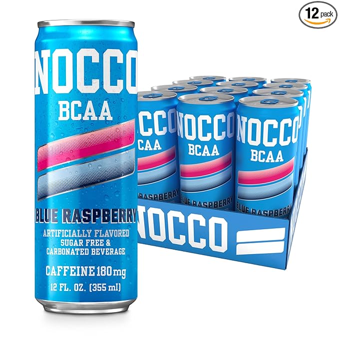 NOCCO Zero Sugar Energy Drink Blue Raspberry - 12 Fl Oz (Pack of 12) - 180mg Caffeine Sugar Free BCAAs - Branched Chain Amino Acids Carbonated &amp Low Cal B Vitamins Grab &amp Go Performance