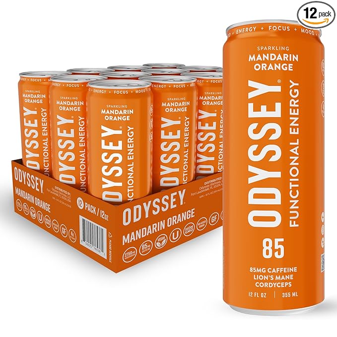 Odyssey Functional Energy Drink for Focus Cognition &amp Mood Support 12 Pack - Adaptogenic Drink with 85mg Green Tea Caffeine Lion’s Mane Cordyceps L-Theanine &amp Ginseng Sparkling Orange