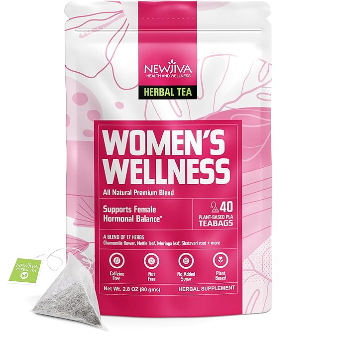 Newjiva Women's Wellness Herbal Tea - 40 Tea Bags Per Pack - All Natural - Caffeine Free - Includes Chamomile Moringa Shatavari Indian Gooseberry (Amla) fruit &amp more - GMP Certified Facility