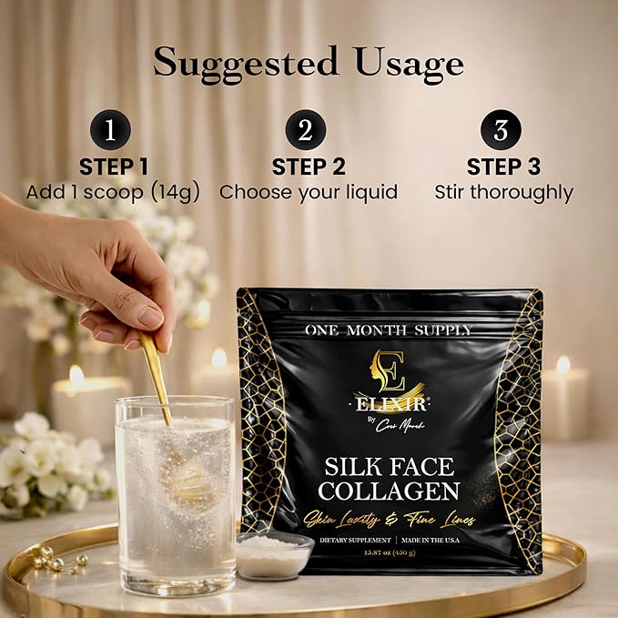 Elixir by Cocó March Silk Face Collagen Bundle for Fine Line Reduction Luxurious Illumination &amp Silky Radiance for Skin Hair Nails and Joints