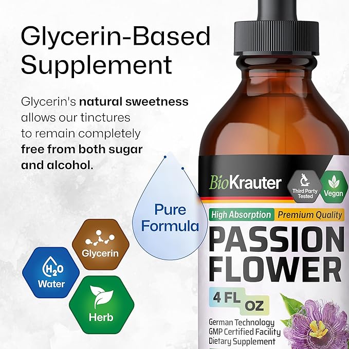 BIO KRAUTER® Passion Flower for Stress Relief - Calm &amp Mood Support - Pure Vegan Liquid Drops Passion Flower Extract 670 mg/Serving 4 Fl.Oz 56-Day Supply - Alcohol &amp Sugar Free - Natural Calm