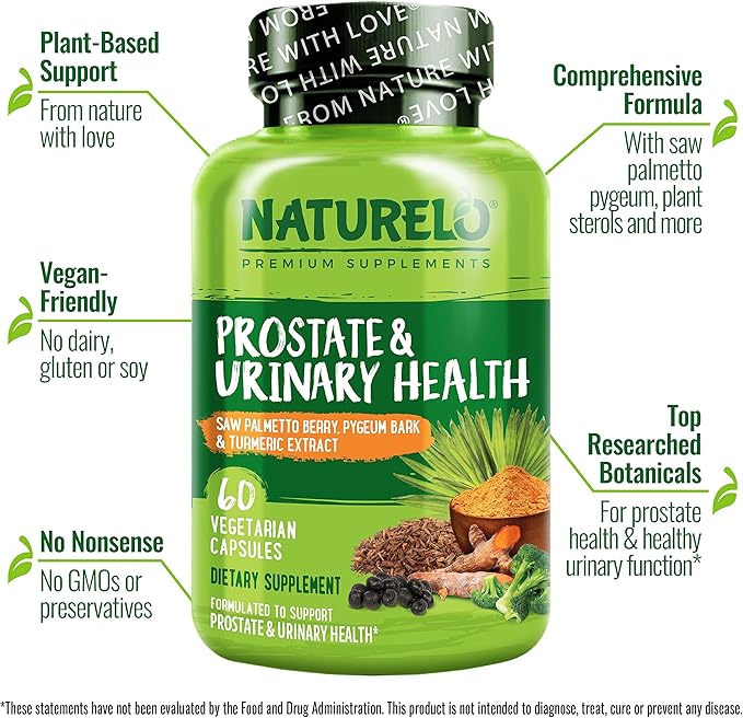 NATURELO Prostate &amp Urinary Health Comprehensive Formula with Saw Palmetto Pygeum Tumeric Plant Sterols Broccoli and Lycopene 60 Vegetarian Capsules