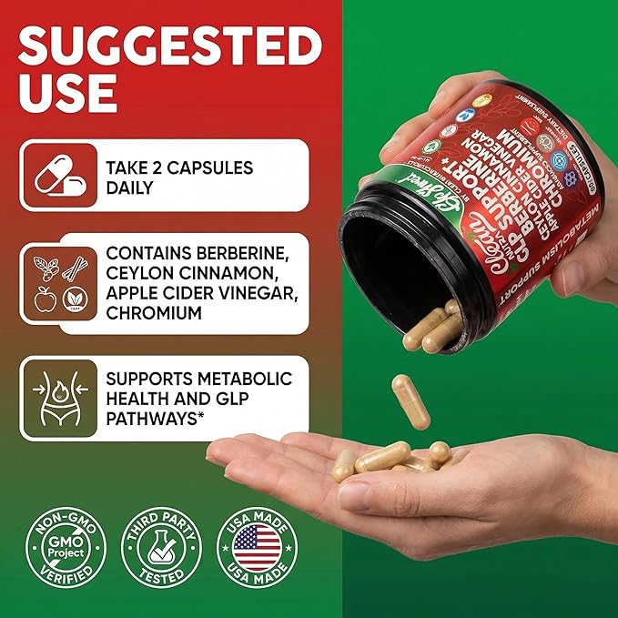 GLP1 Supplement Berberine Ceylon Cinnamon Apple Cider Vinegar Chromium Turmeric PCOS Supplements Immunity &amp Metabolism Support 60 Vegan Capsules by Clean Nutra