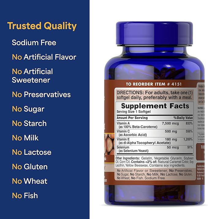 Puritan's Pride Premium Super Synergistic Antioxidant Formula Dietary Supplement to Help Fight Premature Aging* Vitamins A C E and Selenium Mineral 3 Month Supply 100 Rapid Release Softgels