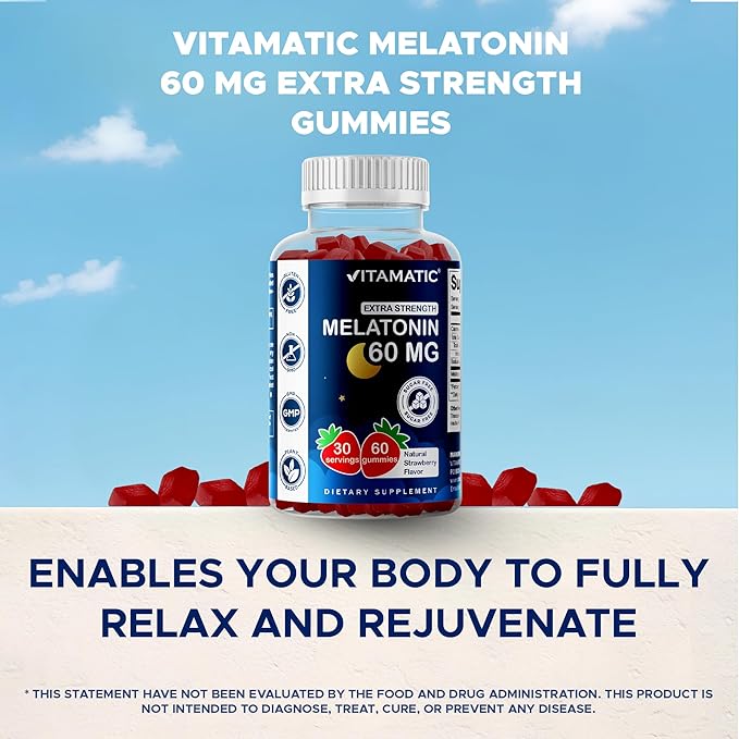 Vitamatic Sugar Free Melatonin 60 mg - 60 Vegetarian Gummies - Non-Habit Forming Supplement (Pack of 2)