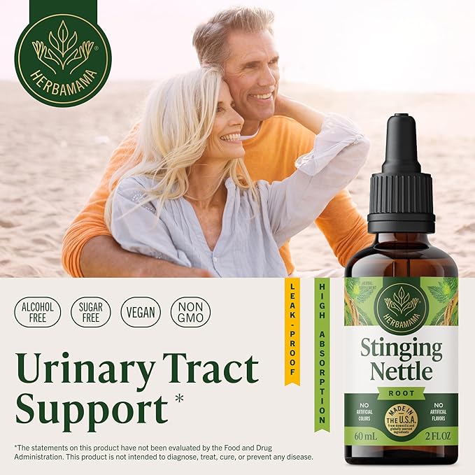 HERBAMAMA Stinging Nettle Tincture - Vegan Urinary Tract Support with Stinging Nettle Root Extract - Non-GMO Alcohol &amp Sugar-Free Urtica Dioica Supplement - 42-Day Supply