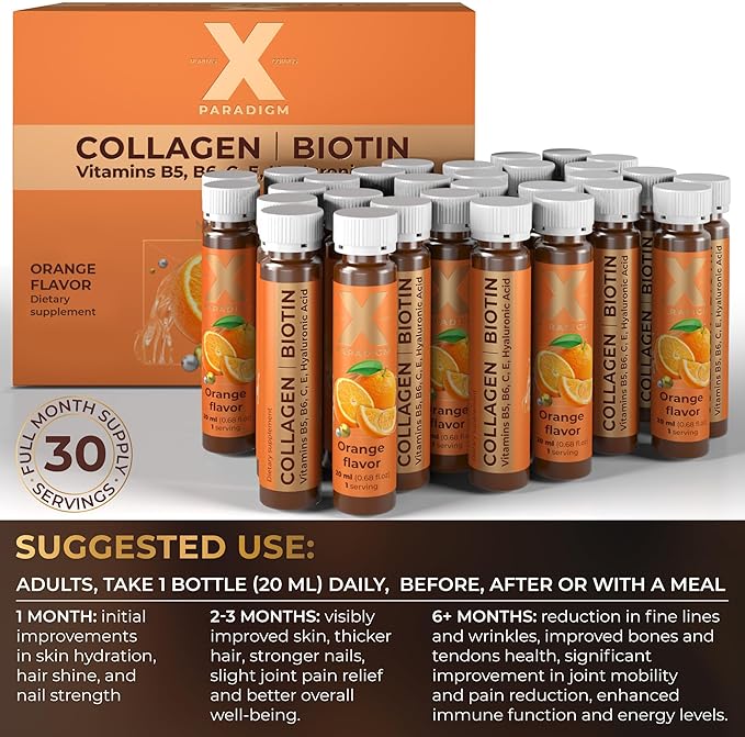 Liquid Collagen Peptides with Biotin &amp Hyaluronic Acid - 3000mg Hydrolyzed Collagen Type 1 and 3 Biotin 10000mcg Vitamins B5 B6 C &amp E - Liquid Collagen Shots for Women and Men