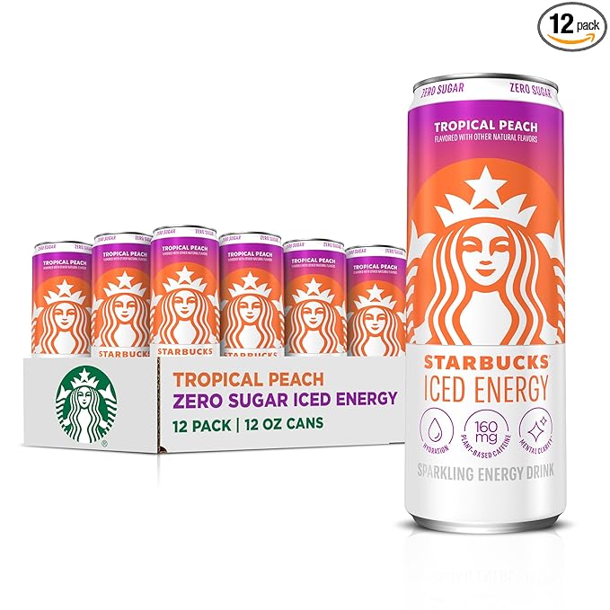 Starbucks Iced Energy Drink Tropical Peach Zero Sugar Energy Drink Plant Based Caffeine Hydration Mental Clarity 12 Fl Oz Cans (Pack of 12)