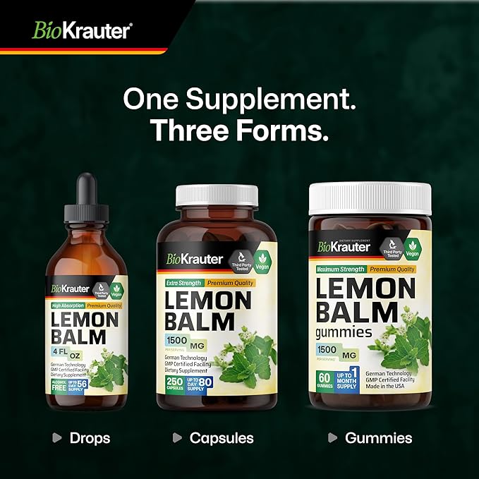 BIO KRAUTER® Lemon Balm Tincture 680 mg Melissa Officinalis - Pure Vegan Lemon Balm Extract 4 Fl.Oz 56 Days of Supply - Natural Calming &amp Sleep Support - Alcohol &amp Sugar Free - Digestion &amp