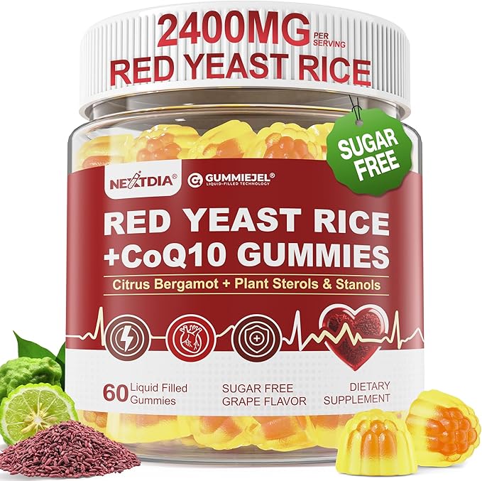 Red Yeast Rice Gummies 2400MG with CoQ10 Suagr Free Balanced Chṏlesterṏl Supplements Plus Citrus Bergamot Plant Sterols &amp Stanols Supports Vḁsculḁr Health Energy Immunity for Age 50+Vegan60