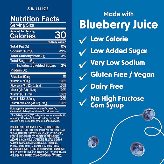 BING BLUEBERRY Energizing Juice Beverage – (12oz/24pk) – Made with REAL Juice! Only 2g added Sugar Low Calorie L-Theanine 5 B-Vitamins &amp Ginseng 125 mg Caffeine Vegan Gluten + Dairy Free. DE