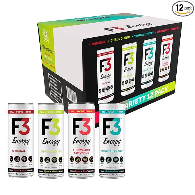 F3 Energy Drink Variety Pack - Muscle Building Sports Drinks w/BCAA Panax Ginseng &amp Ginkgo Biloba - Natural Energy Drinks for Mental Focus &amp Muscle Recovery 125 mg Caffeine (12 pack)