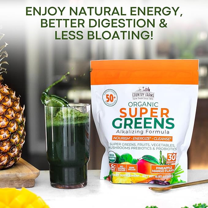 Country Farms Super Greens Pineapple-Mango Flavor 50 Organic Super Foods USDA Organic Drink Mix (Wheat Grass Spirulina Chlorella) Mushrooms &amp Probiotics with Fiber Natural Energy 30 Serving