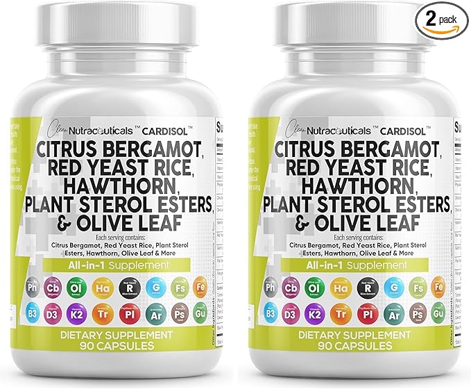 Clean Nutraceuticals Citrus Bergamot Red Yeast Rice Capsules with Plant Sterols - with Hawthorn Extract Olive Leaf Niacin Vitamin K3 D3 COQ10 Guggul &amp More (Pack of 2)