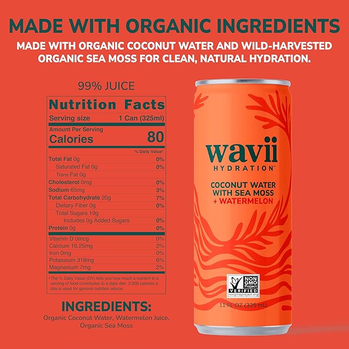 Wavii Hydration Organic Coconut Water with Organic Sea Moss plus Watermelon 11 fl oz Cans Pack of 12 – Clean Refreshing Hydration with Naturally Occurring Electrolytes No Added Sugar Non-GMO