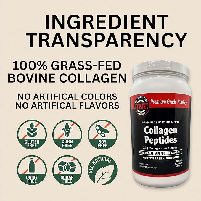 TOUGH-N-TONE Collagen Peptides Powder – Grass-Fed 560g | 20g Protein per Serving Unflavored Non-GMO Gluten-Free Dairy-Free No Sweeteners or Fillers – Supports Skin Hair &amp Digestive Health