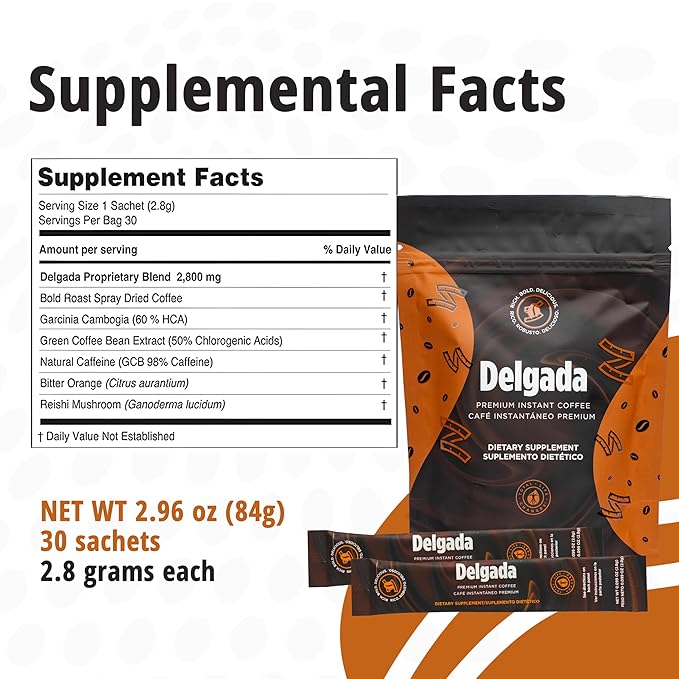 Delgada Instant Coffee - Premium Garcinia Cambogia and Ganoderma Rich Bold Taste - 30 Sachets