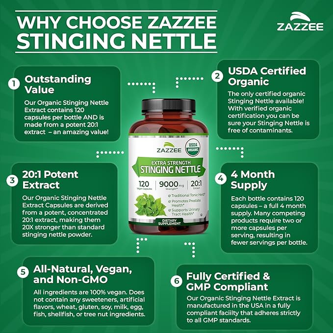 Zazzee USDA Organic Stinging Nettle Leaf 20:1 Extract 120 Vegan Capsules 4 Month Supply Urtica Dioica Respiratory Immune &amp Seasonal Wellness Support Organic Herbal Supplement Made in the US