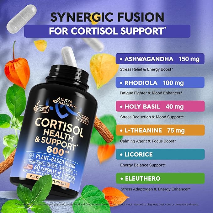 Cortisol Supplement for Women - Holy Basil | Ashwagandha | Rhodiola | L-Theanine - Plant-Based Hormone Balance - Mood Focus &amp Sleep Support - Made in USA - Vegan Non-GMO - 60 Capsules for 2 Mont