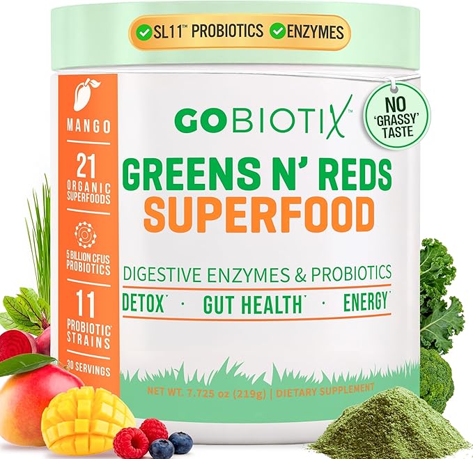 GOBIOTIX Super Greens Powder with Organic Spirulina - Superfood Supplement with Fruit Blend Probiotics and Enzymes for Digestive Health - Vegan Non-GMO - 30 Servings (Mango - 1 Pack)