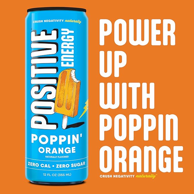 Positive Energy Drink - Poppin' Orange | Zero Sugar Zero Calorie 12oz Cans (Pack of 12) | Hydrating Electrolytes Immunity Support with Zinc Healthy Energy Boost