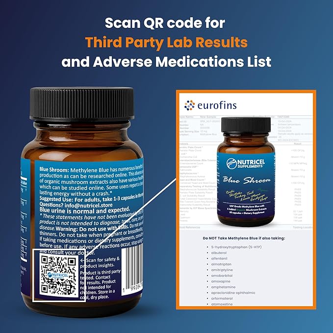 Methylene Blue Capsules with Mushroom Extracts: Lion's Mane Reishi Cordyceps Chaga Shiitake Turkey Tail - Trusted Made in America - 7mg (USP Grade) (60ct)