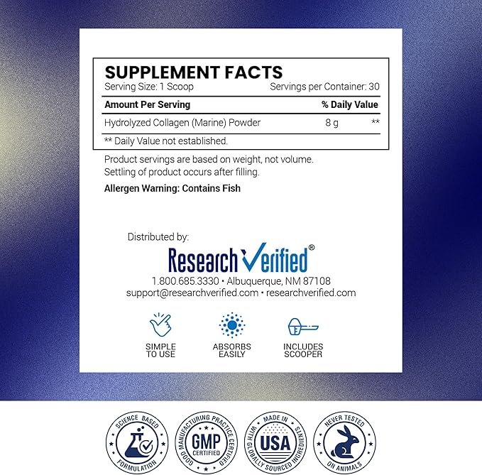 Research Verified® Collagen Powder - Hydrolyzed Marine Collagen Peptides - Unflavored - Skin Hydration and Elasticity Muscle Recovery Non GMO - 30 Scoops Per Container - 6 Month Supply