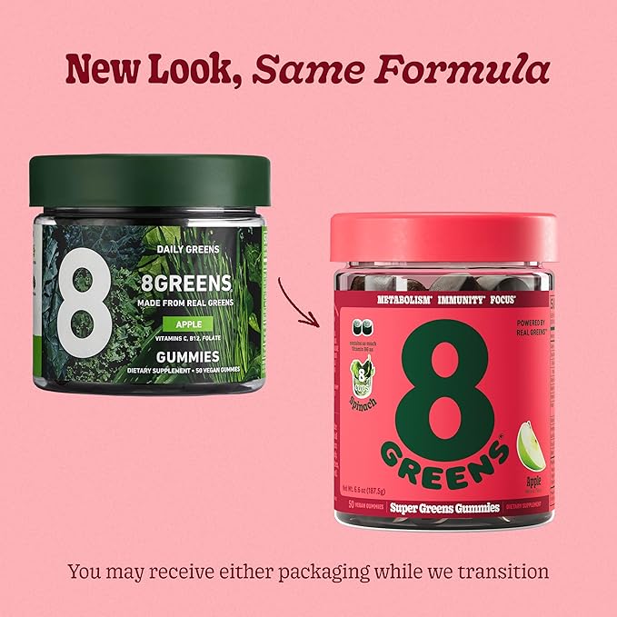 8Greens Supergreens Gummies | Super Greens Powder Superfood Gummy for Metabolism Immunity &amp Focus Digestive Health Enzymes Organic: Chlorella Spirulina Aloe Vera Apple Flavor 50 Count