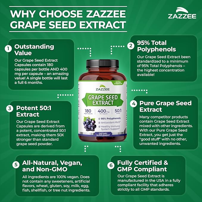 Zazzee High Strength Grape Seed 50:1 Extract 180 Vegan Capsules 95% Polyphenols 400 mg per Capsule 6 Month Supply Antioxidant Circulation &amp Blood Flow Support Non-GMO Made in the USA