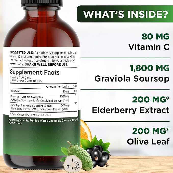 NEW AGE Soursop Drops - Soursop Bitters Liquid with Soursop Fruit and Leaves Elderberry Vitamin C and Olive Leaf - Multimineral &amp Vitamins Superfood - 8 oz