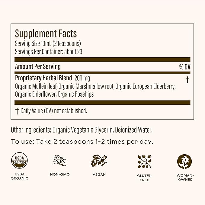 Wooden Spoon Herbs Elderberry Syrup | USDA Certified Organic Lung &amp Immune Support Tonic | Elderberry Syrup Blended with 6 Respiratory &amp Immune Support Herbs | Gluten-Free Non-GMO Vegan | 8