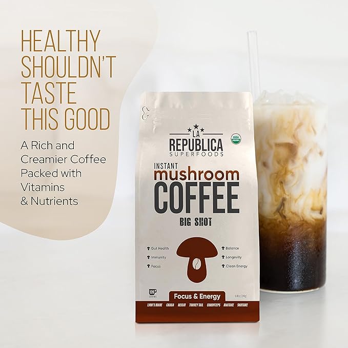 La Republica Big Shot Decaf Instant Mushroom Coffee Organic (120 Servings) with Lion's Mane Reishi Chaga Cordyceps Maitake Turkey Tail