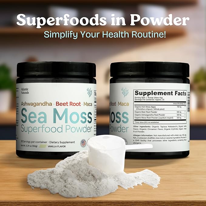 Atlantic Naturals Superfood Organic Sea Moss Powder Blend with Ashwagandha Maca Root &amp Beet Root | Ideal for Healthy Skin Positive Mood &amp Energy | Vanilla Flavor (150g)