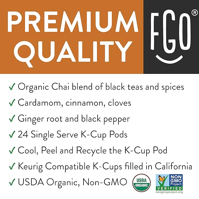 FGO Organic Chai Black Tea K-Cup Pods for Keurig 24 Count (Pack of 1) Premium Black Tea with Chai Spice is USDA Organic Non-GMO &amp Recyclable with Naturally Occurring Caffeine