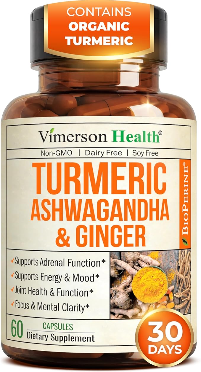 Ashwagandha Organic Turmeric Curcumin Supplement with Ginger Root &amp Black Pepper – Joint Health Energy &amp Immune Support – Antioxidant Blend with 95% Curcuminoids – 60 Capsules