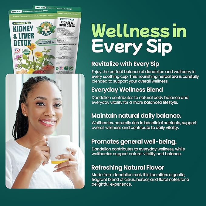 Ovida Dandelion Wolfberry Tea – Natural Kidneys &amp Liver Health Tea Organic Herbal Tea with Milk Thistle Turmeric &amp Goji Berry Seven Herbal Ingredients Natural Blend for Daily Wellness 15 T