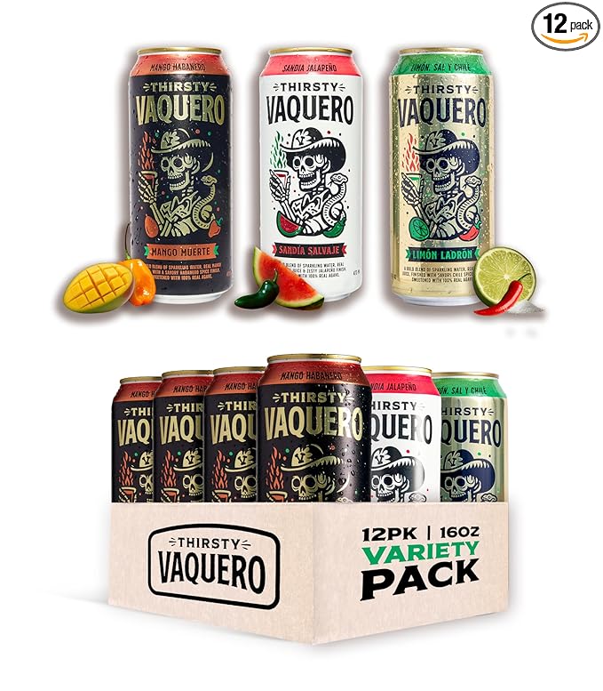 Thirsty Vaquero Variety Pack Mexican-inspired soda Real Fruit Juice &amp Savory Spices Organic Agave Low Calorie | Lime Salt &amp Chile Watermelon Jalapeno Mango Habanero (12-Pack | 16Oz Can