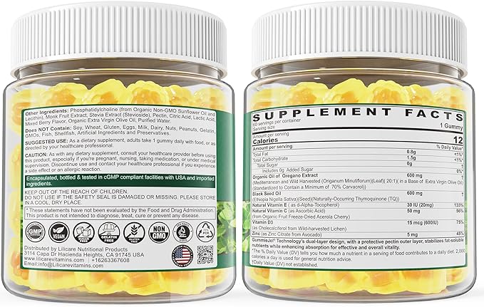 Oil of Oregano with Black Seed Oil Filled Gummies Aceite De Oregano Capsulas Alternative Carvacrol &amp Thymoquinone with Vitamin E C D3 Zinc Liposomal Form Sugar Free 2 Pack