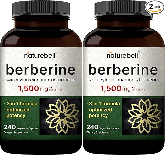 NatureBell Berberine Supplement 1500mg with Ceylon Cinnamon &amp Turmeric Root 480 Veggie Capsules (2 Pack) | 97% Pure Berberine HCL | Supports Balanced Sugar Levels &amp Heart Health | Vegan Non