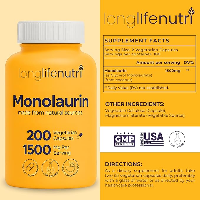 LongLifeNutri Monolaurin 1500mg - Potent Glycerol from Coconut 200 Vegetarian Capsules Organic Supplement for Gut Balance &amp Natural Defense 100-Day Supply GMP Certified Made in USA