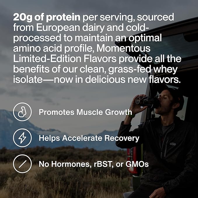 Momentous Essential Grass-Fed Whey Protein Powder - 20 g Whey Isolate Protein - NSF Certified for Sport - Gluten-Free - 12 Servings for Essential Everyday Use - Mint Chocolate - Package May Vary