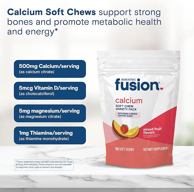 Bariatric Fusion Bariatric Calcium Supplement Chews | Calcium Citrate with Vitamin D3 Bariatric Vitamin | Sugar Free Chewable | 500mg | Variety Pack | 90 Count