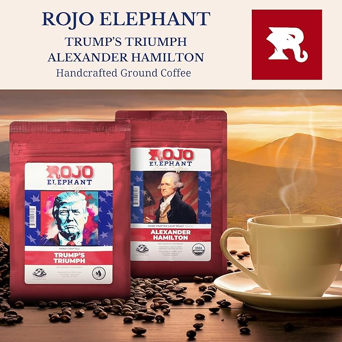 Rojo Elephant Handcrafted Ground Coffee 100% Arabica Beans 11 0z Bags Pack of 2 Trump's Triumph Alexander Hamilton Prestige Collection